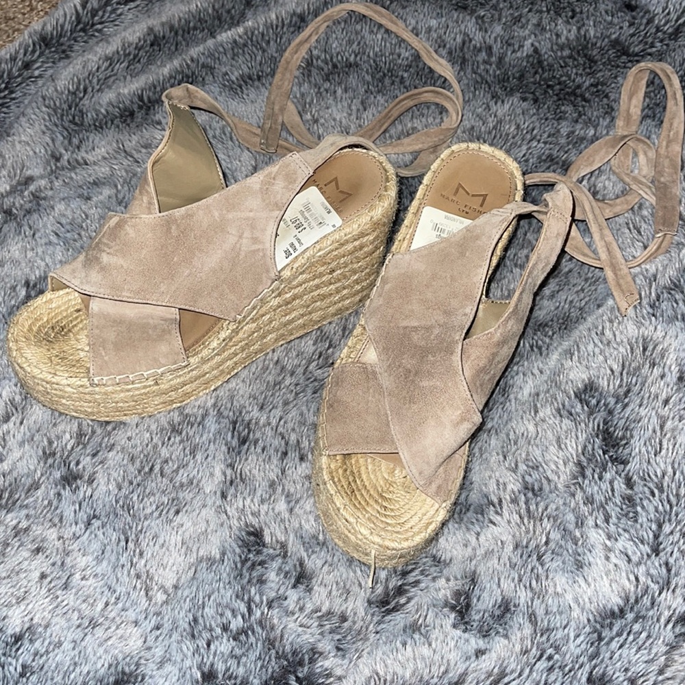 Taupe Marc Fisher ankle tie wedges